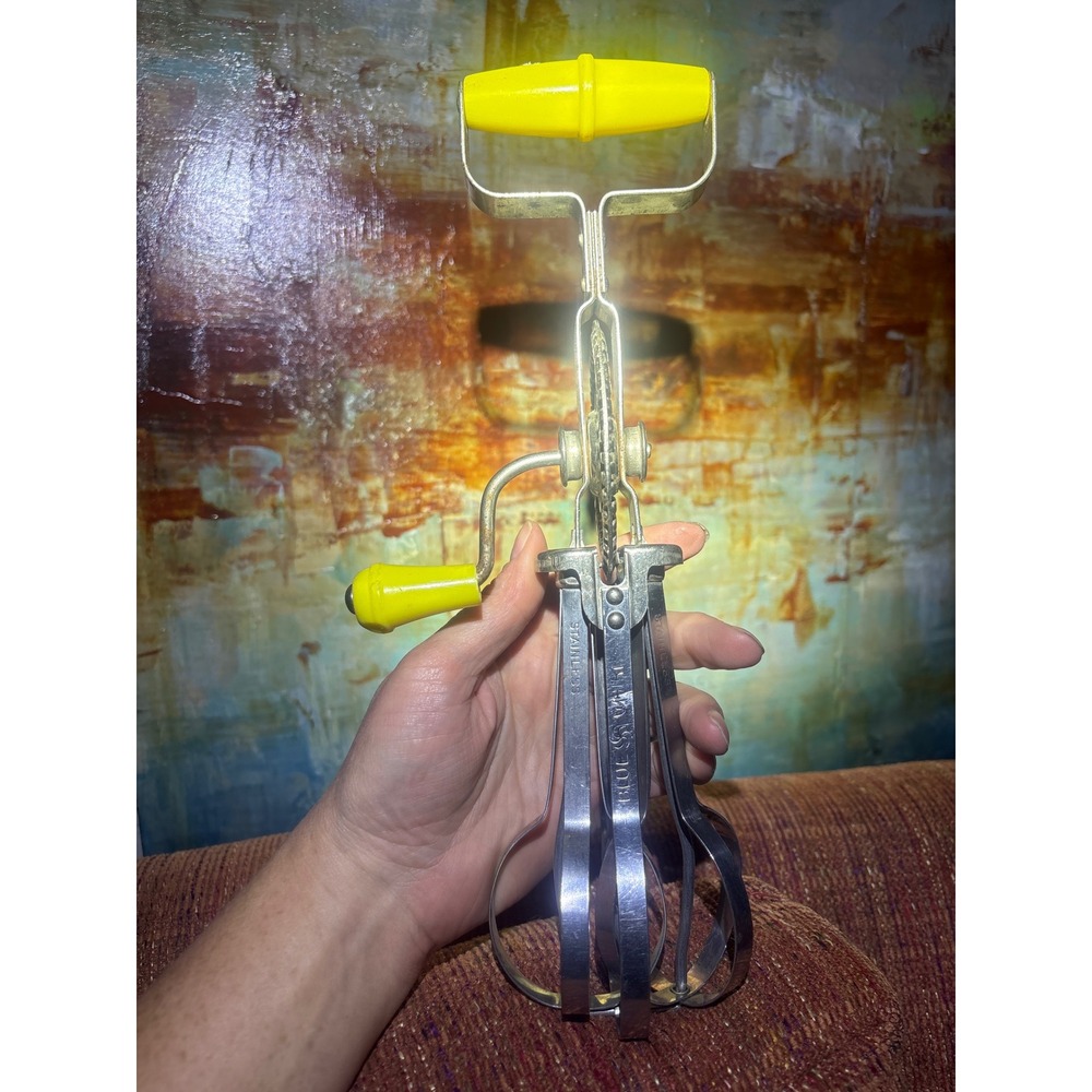 Vintage Blue Whirl Hand Crank Egg Beater Stainless Steel Yellow Handles USA